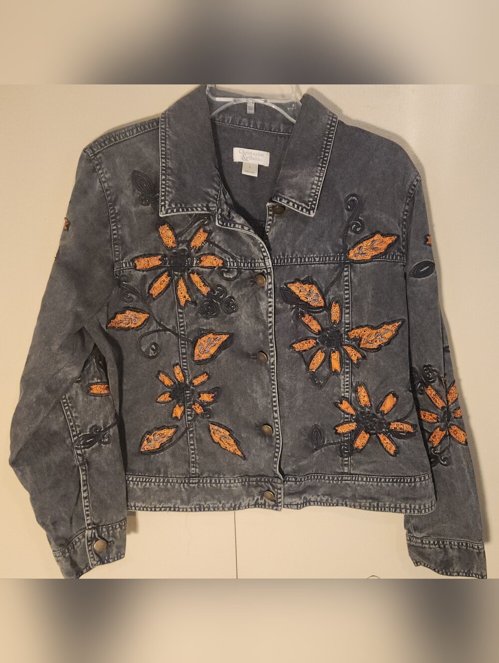 J43 Christopher & Banks Orange & Black Embroidered Floral Black Denim Jacket